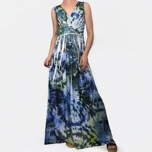 AB Studio Blue & Green Boho Paisley A-Line V-Neck Maxi Dress